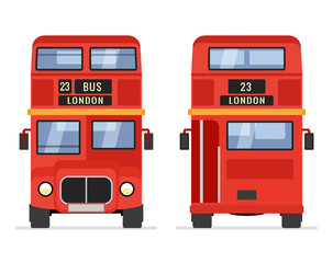 London double decker red bus cartoon illustration, English UK british tour front isolated flat bus icon