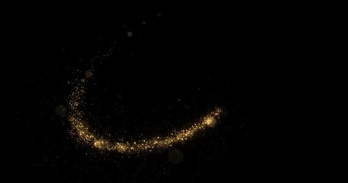 Gold luxury sparkling glitter star dust trail. Magic Christmas golden shine light on black background. Glowing particles wave