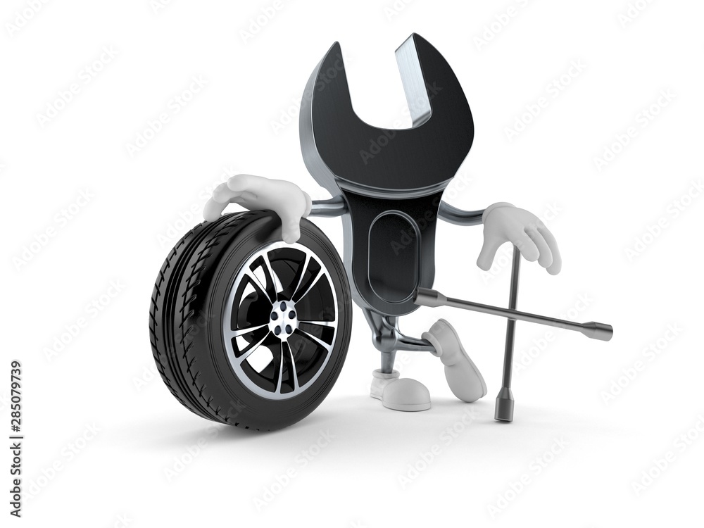 Sticker wrench character with car wheel and spanner