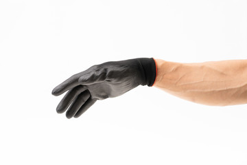 Man hand with black rubber glove on white background