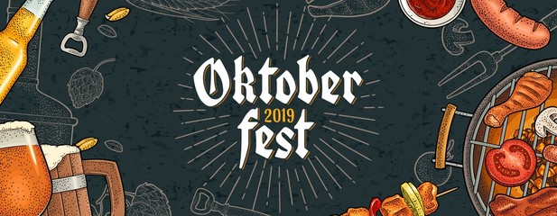 Horizontal Poster to oktoberfest 2019 festival. Vintage color vector engraving