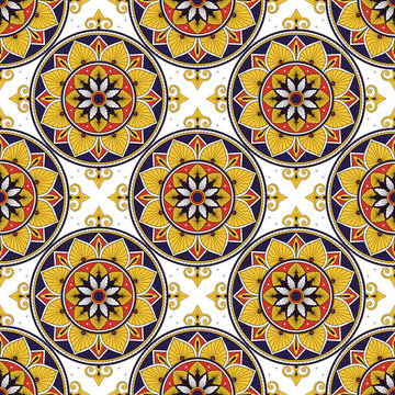 Portuguese tile pattern vector seamless with flowers motifs. Portugal azulejos, mexican talavera, spanish, italian sicily majolica or moroccan ceramic. Texture for wallpaper or kitchen floor.