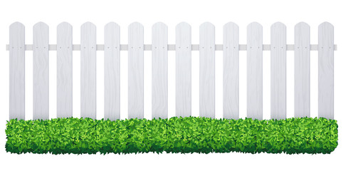 White fence with grass. Wooden picket background isolated farm garden barier illustration