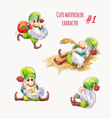 Cartoon green elf or gnome. Christmas character or unusual saint patrick. Funny vector set of characters