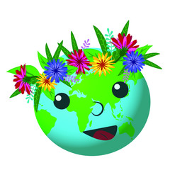 Funny, young, bright planet Earth with a wreath of flowers smiling. Vector isolated illustration on white background