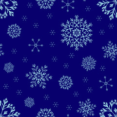 Fototapeta na wymiar Snowflakes on dark blue background - vector seamless pattern. Snowfall, fabulous winter illustration for paper, cardboard, textiles, plastic