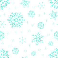 Delicate, beautiful, blue, isolated snowflakes of different size on white background. Seamless vector pattern for printing or decorating