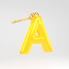 Letter A uppercase. Honey font with dipper isolated on white background.