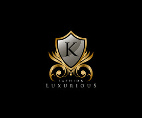Luxury Golden Shield Logo with K Letter,  royal shield logo icon.