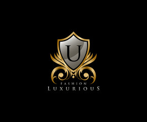 Luxury Golden Shield Logo with U Letter,  royal shield logo icon.