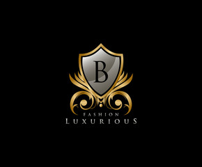 Luxury Golden Shield Logo with B Letter,  royal shield logo icon.