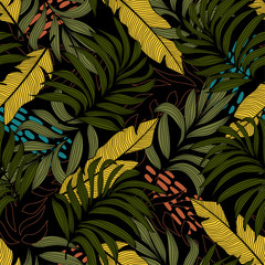 Original abstract seamless pattern with colorful tropical leaves and plants on a dark background. Vector design.Exotic tropics. Summer. Jungle print. Floral background.