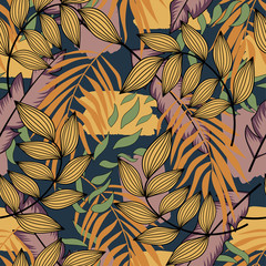 Original abstract seamless pattern with colorful tropical leaves and plants on pastel background. Vector design.Exotic tropics. Summer. Jungle print. Floral background. Printing and textiles.