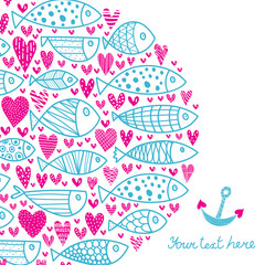 Cute fish card. Around motif with fish and hearts.
