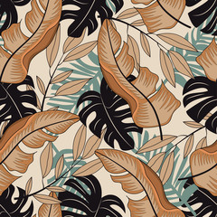 Abstract seamless pattern with colorful tropical leaves and plants on beige background. Vector design. Jungle print. Floral background. Printing and textiles. Exotic tropics. Summer.