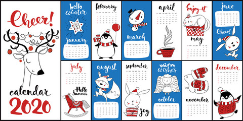 Vector cartoon 2020 calendar with Christmas symbols and animals