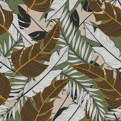 Trending abstract seamless pattern with colorful tropical leaves and plants on green background. Vector design. Jungle print. Floral background. Printing and textiles. Exotic tropics. Summer.