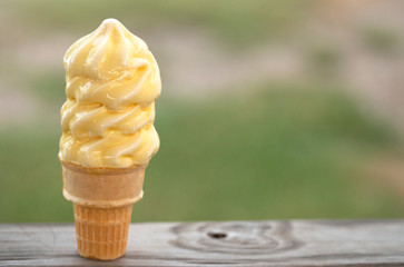 A Vanilla Soft Serve Ice Cream Cone Melting in the Summer Heat