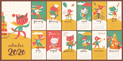 Fototapeta na wymiar Vector 2020 calendar with funny foxes and cats cartoon characters.