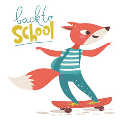 Back to school vector poster with cute fox character and lettering