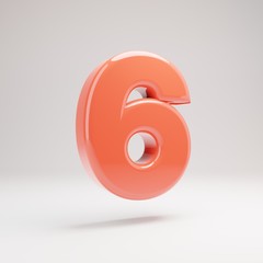 3d number 6. Living Coral font with glossy reflections and shadow isolated on white background.