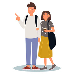 Tourists. Young man points to something. Surprised young woman looking for something.Element for an tourism and travel. Vector illustration in cartoon style