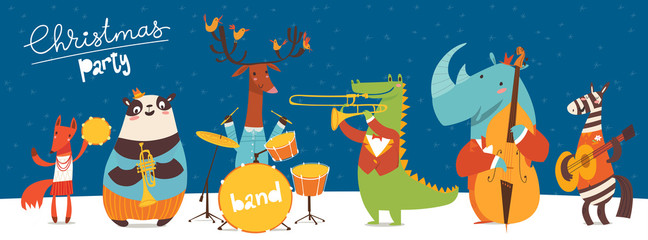 Christmas party vector poster with funny musicians.