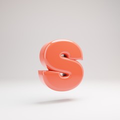 Letter S lowercase. Living Coral font with glossy reflections and shadow isolated on white background.