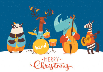 Christmas party vector poster with funny cartoon musicians.