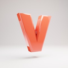 Letter V uppercase. Living Coral font with glossy reflections and shadow isolated on white background.