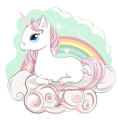 white unicorn in pink clouds