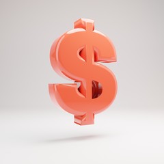 Dollar symbol. Living Coral font with glossy reflections and shadow isolated on white background.