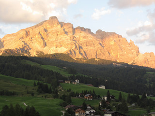 Sunset Dolomites landscape at summer . View from La Villa village, Bolzano, Alto Adige, South Tyrol, Italy