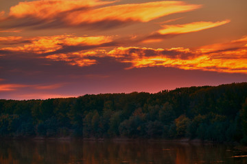 Fototapeta na wymiar beautiful sunset in autumn season - trees silhouette near a river, bright sunlight