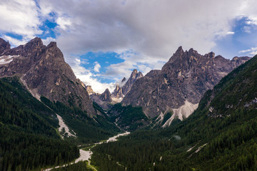 Panoramic view of the Dolomites, Fischleintal and Tre Cime di Lavaredo. Drone photography.