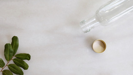 Flat lay of a long empty glass bottle, cap and a branch of longan green leaves.