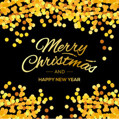 Merry Christmas and Happy New Year lettering for invitation and greeting card, prints and posters. Golden text and glitter on black background. Vector illustration.