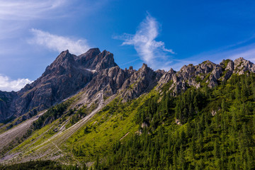 Fototapeta na wymiar Panoramic view of the Dolomites, Sextener Rotwand. Drone photography