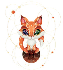 Uroczy mały rudy lisek z duzymi oczami siedzący nad swoim odbiciem. Magiczne zwierze wzór dziecięcy z ozdobnymi motywami na siersci. Plik wektorowy © Loony Rabbit
