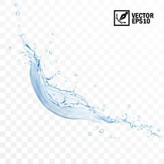 Realistic transparent isolated vector falling splash of water with drops, editable handmade mesh