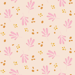 Seamless pattern of autumn leaves and chestnut. Sweet fall pink warm colors.