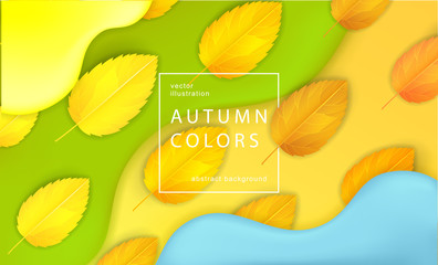 Horizontal colorful background with 3D abstract liquid layers, paper cut waves, realistic fall leaves. Autumn vector background design layout for banners, presentations, flyers, posters, wallpaper