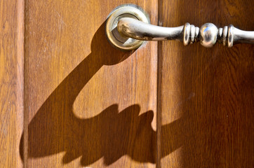 Wooden door with iron fittings and shadows