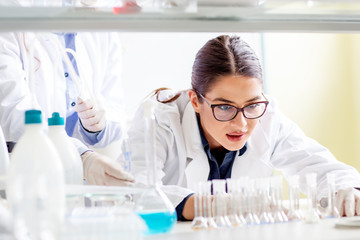 Two young researcher in laboratory working on analyze
