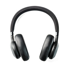Wireless black headphones on white, isolate. On-ear headphones for playing games and listening to music tracks. Close-up