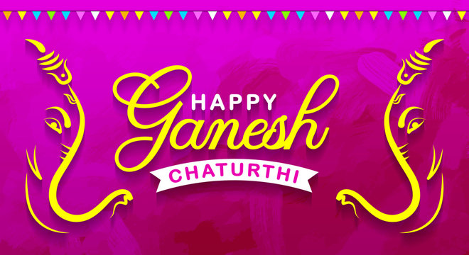 Happy Ganesh Chaturthi. Indian Festival of lord Ganapati Banner, Logo design, Sticker, Concept, Greeting Card, Template, Icon, Poster, Unit, Label, Web, Mnemonic on pink paint brush stroke Background
