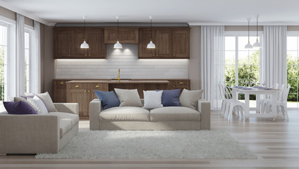 Fototapeta premium Modern home interior with wooden kitchen. 3D rendering.