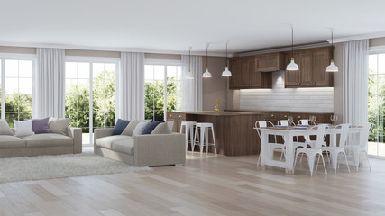 Modern home interior with wooden kitchen. 3D rendering.
