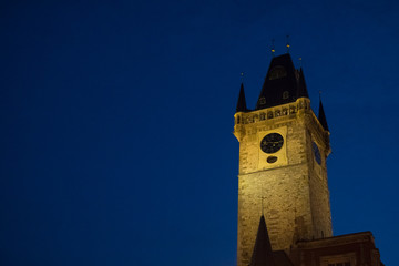 Old Town Hall tower at night at Staromestska square in Prague
