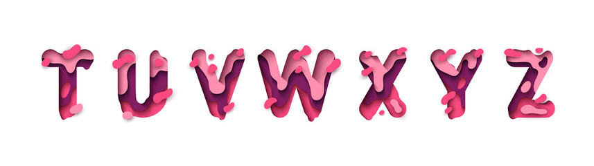Paper cut letter T, U, V, W, X, Y, Z. Design 3d sign isolated on white background. Alphabet font of melting liquid.